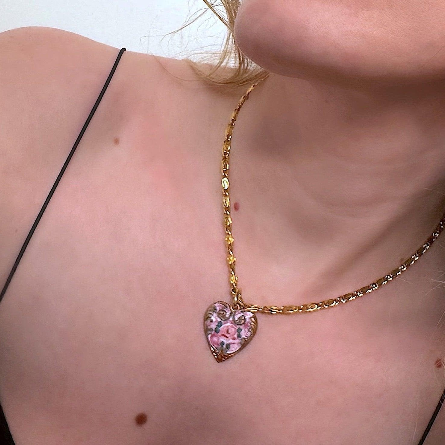 model wearing the vintage pink crush necklace